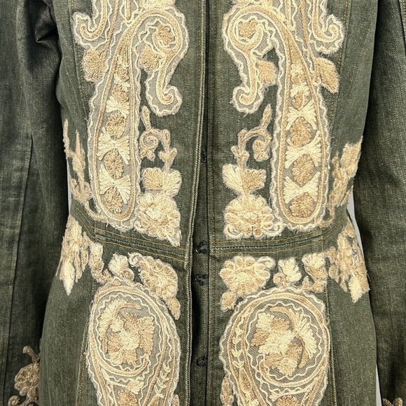 Plenty Tracy Reese Anthropologie Olive Green Embroidered Long Denim Nehru Jacket - Picture 6 of 16